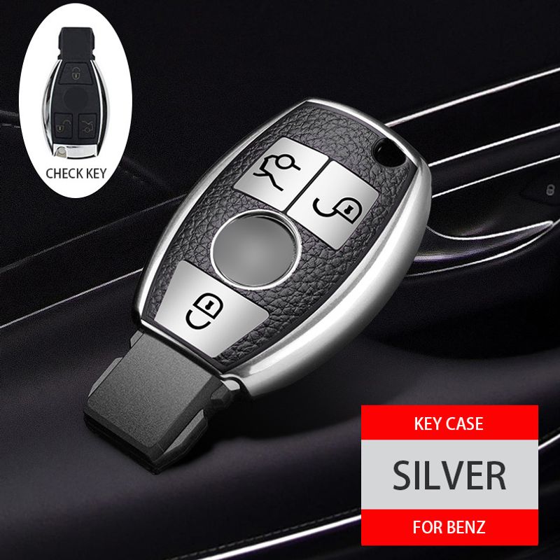 Auto si Moto - Electronice auto - Accesorii electronice auto - Husa argintiu cu insertii piele pentru cheie Mercedes Benz A B C E GL S GLA GLK CLS Class AMG W204 W205 W212 - Infinity.ro