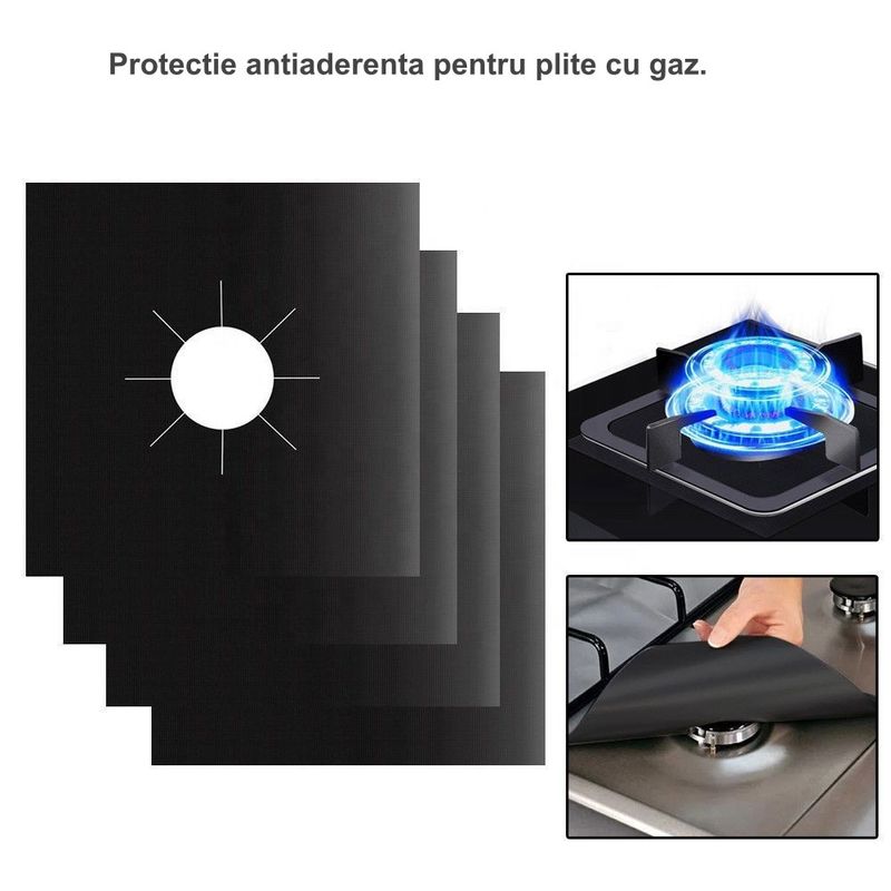 Electronice si Electrocasnice - Aragazuri, cuptoare si hote - Accesorii aragazuri, cuptoare si hote - Accesorii aragazuri - Set 4 Folii de Protectie, reutilizabile, pentru Plita si Aragazul pe gaz, 27 x 27 cm, negru - Infinity.ro