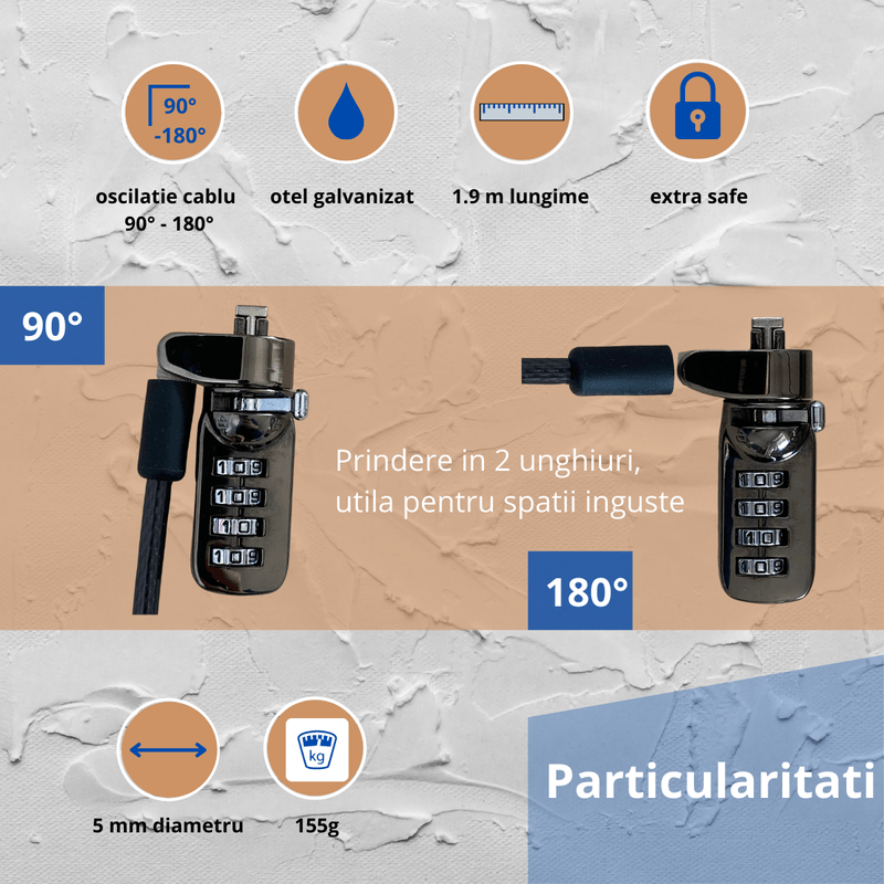PC, gaming si accesorii - Retelistica - Cabluri si accesorii - Cablu de securitate cu cifru, oscilatie 90, lock 6.3 mm, forma T, pentru laptop, accesorii birou, Gri Inchis - Infinity.ro