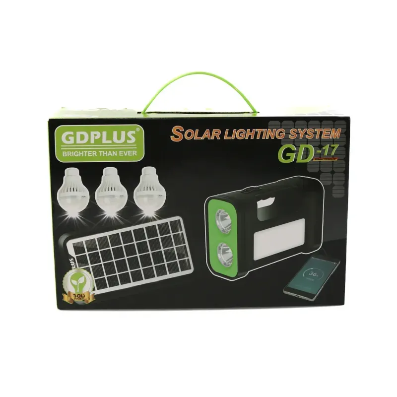 Casa si Gradina - Electrice - Panouri solare si accesorii - Sisteme panouri solare - Sistem de iluminat solar GDPLUS, 3 becuri LED, cablu de incarcare 5-in-1, cablu de alimentare, GD-17 - Infinity.ro