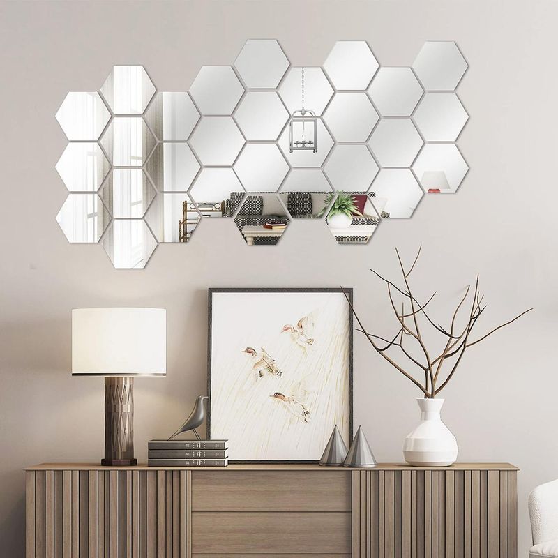 Casa si Gradina - Decoratiuni - Oglinzi - Set 32 Oglinzi Acrilice Autoadezive, Model Hexagon,12.5x11x6.4 cm, Silver - Infinity.ro