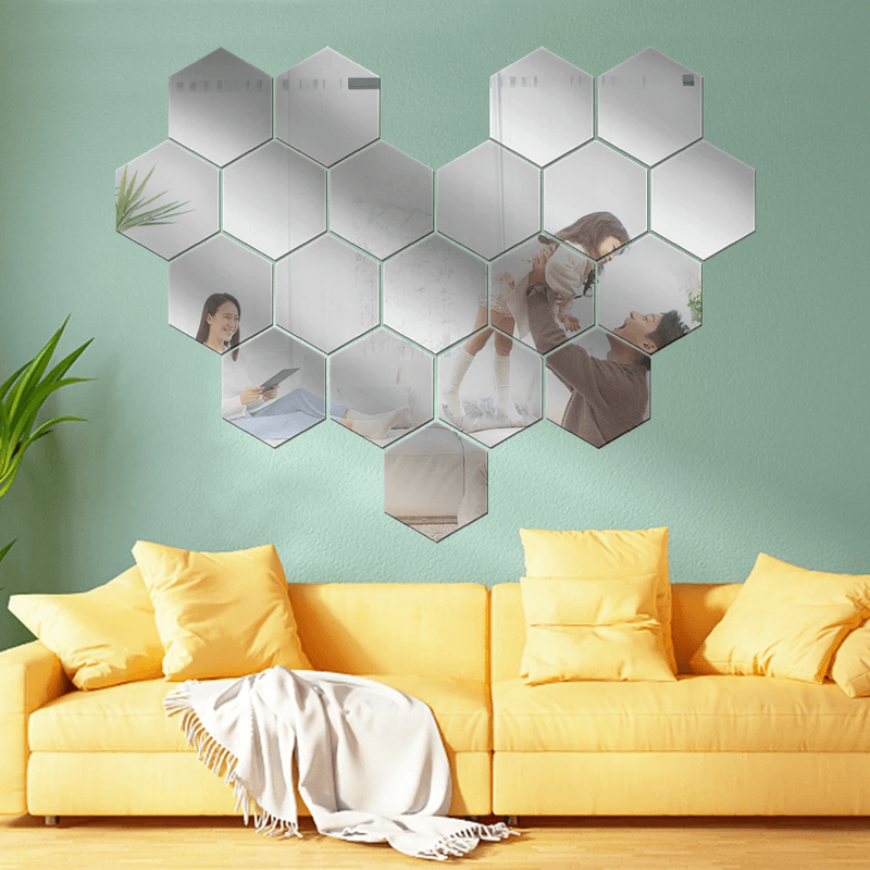 Casa si Gradina - Decoratiuni - Oglinzi - Set 6 Oglinzi Acrilice Decorative Hexagonale, Model L, 12x11x6.5cm, Autoadezive - Infinity.ro