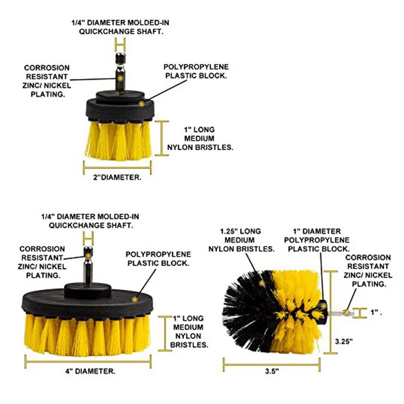 Auto si Moto - Intretinere auto - Produse curatare auto - Set 3 perii curatare, cu adaptor pentru bormasina/autofiletanta, Galben/Negru - Infinity.ro
