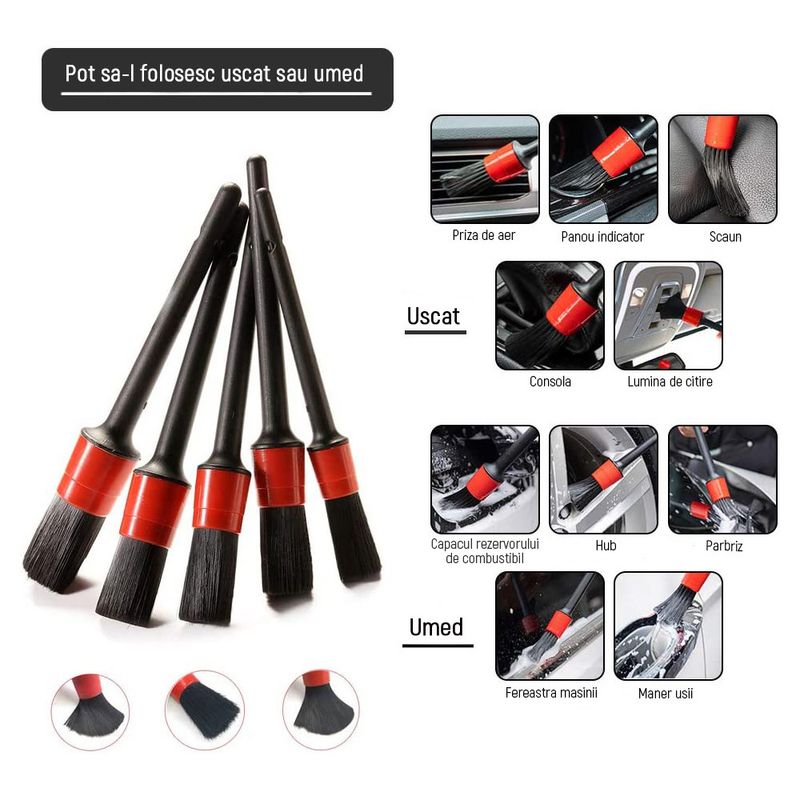 Auto si Moto - Intretinere auto - Produse curatare auto - Set 5 perii curatare auto, premium, Plastic, Negru/Rosu - Infinity.ro