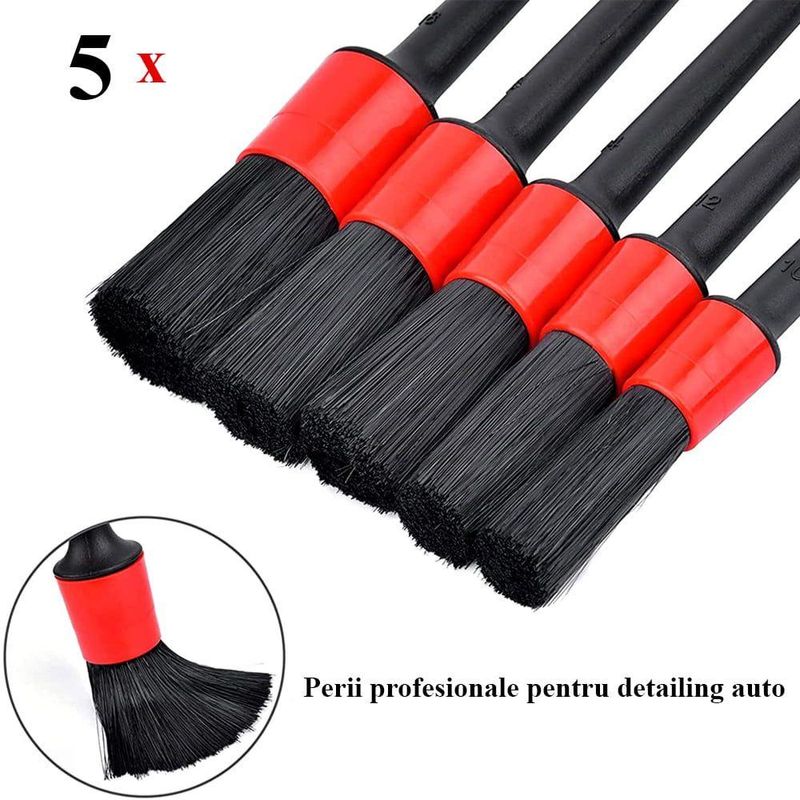 Auto si Moto - Intretinere auto - Produse curatare auto - Set 5 pensule detailing auto, pentru curatare interior-exterior masina, poliester, negru-rosu - Infinity.ro