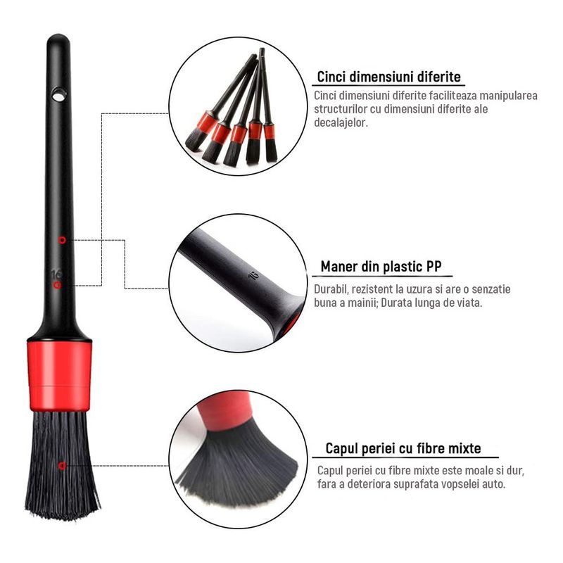 Auto si Moto - Intretinere auto - Produse curatare auto - Set 5 perii curatare auto, premium, Plastic, Negru/Rosu - Infinity.ro