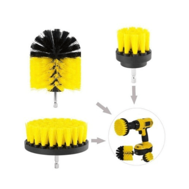 Auto si Moto - Intretinere auto - Produse curatare auto - Set 3 Perii de Curatare 5cm 8,5cm 10cm cu Adaptor 1/4" pentru Bormasina sau Autofiletanta, Galben cu Negru - Infinity.ro