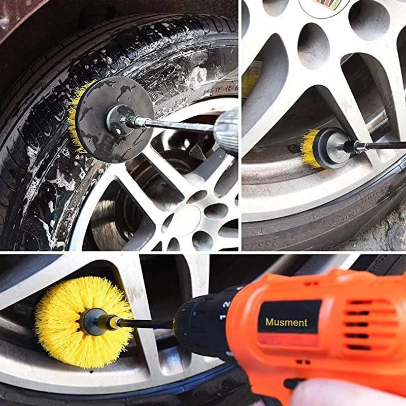 Auto si Moto - Intretinere auto - Produse curatare auto - Set 3 perii curatare cu adaptor pentru bormasina/autofiletanta, Galben/Negru - Infinity.ro