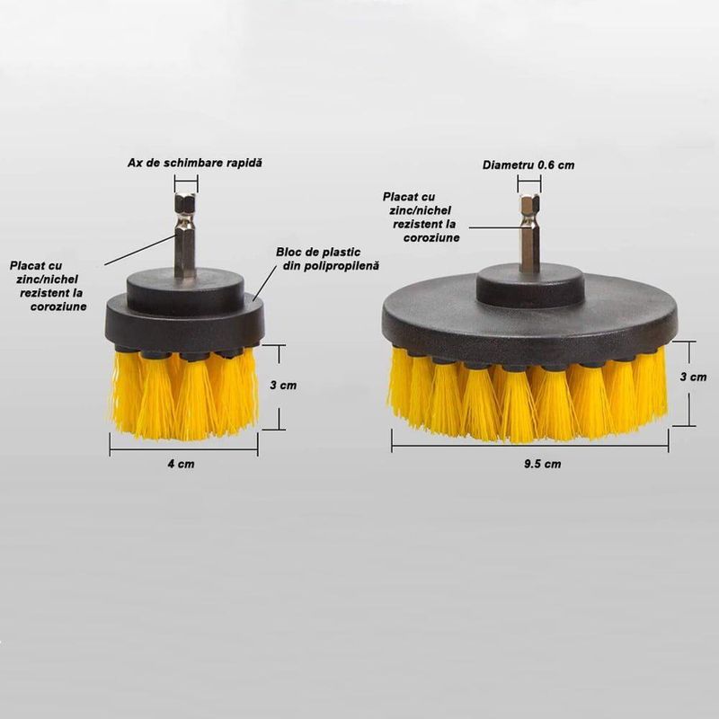 Auto si Moto - Intretinere auto - Produse curatare auto - Set 2 perii curatare cu adaptor pentru bormasina/autofiletanta, plastic/ ABS/ metal, galben - Infinity.ro