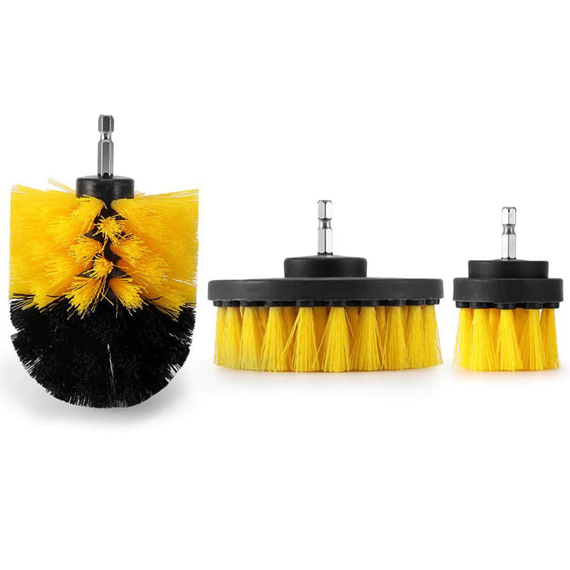 Auto si Moto - Intretinere auto - Produse curatare auto - Set 3 perii cu adaptor pentru bormasina/autofiletanta, Nylon, 5/8.5/10 cm, Negru/Galben - Infinity.ro