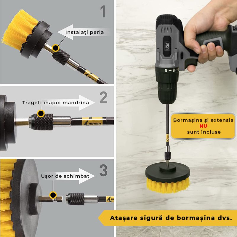 Auto si Moto - Intretinere auto - Produse curatare auto - Set 3 perii rotative din plastic, de curatat suprafete, covoare, cu adaptor, diferite marimi, pentru - Infinity.ro