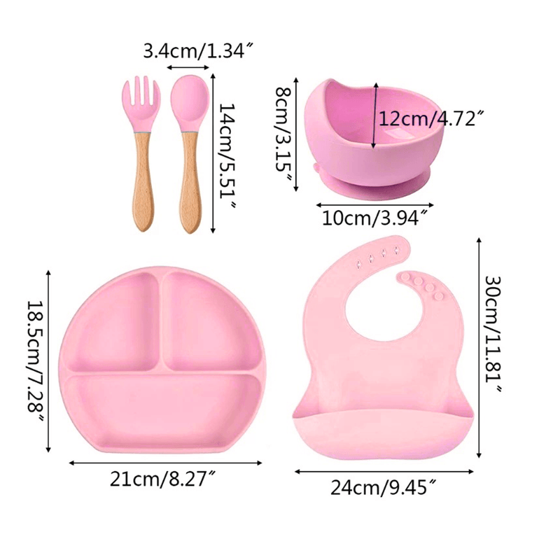 Jucarii, Copii si Bebe - Hrana si alaptare - Biberoane, suzete si accesorii hranire - Articole hranire bebelusi - Set hranire bebe din silicon, Darklove, 1 baveta, 1 farfurie compartimentata, 1 bol cu ventuza, lingurita si - Infinity.ro