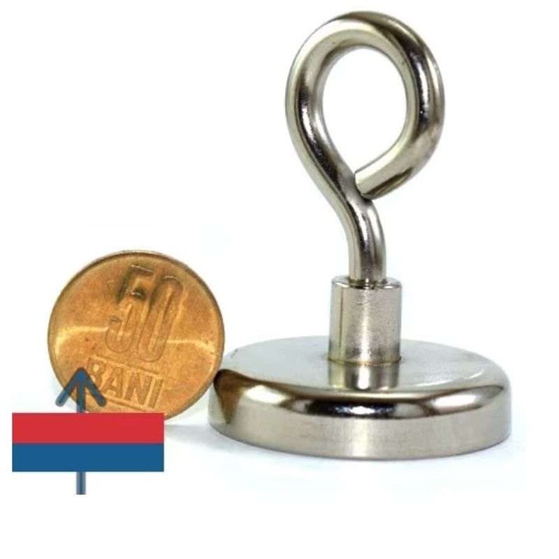 Casa si Gradina - Constructii - Feronerie si accesorii - Suruburi, dibluri si accesorii uz general - Magnet oala, diametrul D42mm, carlig inelar, neodim puternic, suprafata nichelata, N35, forta 45 kg - Infinity.ro