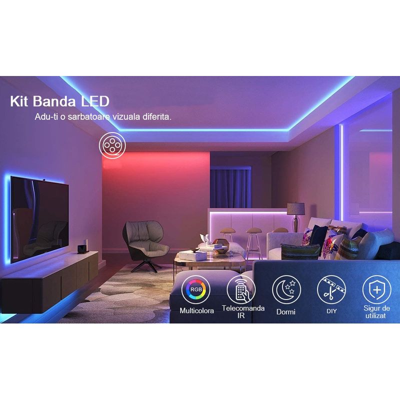 Casa si Gradina - Corpuri si surse de iluminat - Benzi LED - Kit Banda LED RGB 5050 60 led/m 5 metri IP20+Telecomanda 44 taste cu IR+Transformator 12V 6? - Infinity.ro