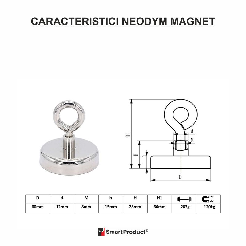 Casa si Gradina - Constructii - Feronerie si accesorii - Suruburi, dibluri si accesorii uz general - Fishing Magnet SmartProduct Neodym pentru Pescuit sau Ridicari Obiecte din Metal, 60 mm diametru, 120 kg - Infinity.ro