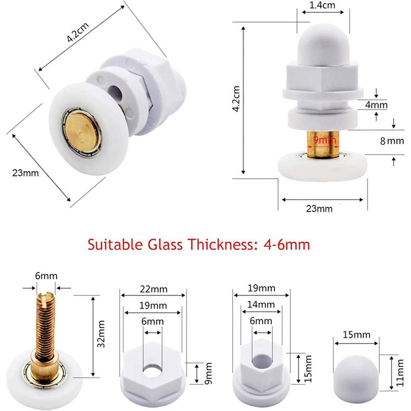 Casa si Gradina - Sanitare - Cazi si cabine de dus - Cabine dus - Set 4 role pentru usa de dus, Rezistente la uzura, Diametru 23 mm, Cupru/Nylon, Alb/Gri - Infinity.ro