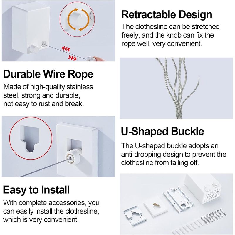 Market - Spalare si intretinere rufe - Uscatoare de rufe si accesorii - Sfoara de rufe retractabila, Inox / ABS, Design anti-cadere, 4.2 m, Alb/Gri - Infinity.ro