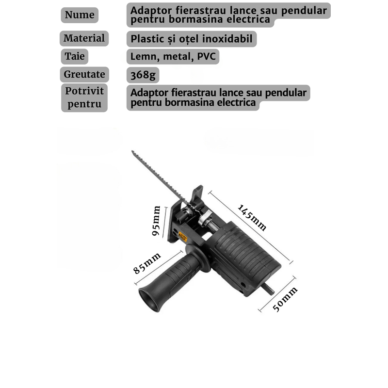 Casa si Gradina - Constructii - Scule electrice si accesorii - Seturi si accesorii pentru gaurit si insurubat - Adaptor fierastrau lance sau pendular pentru bormasina electrica, Portabil, Multifunctional, cu 3 lame pentru - Infinity.ro