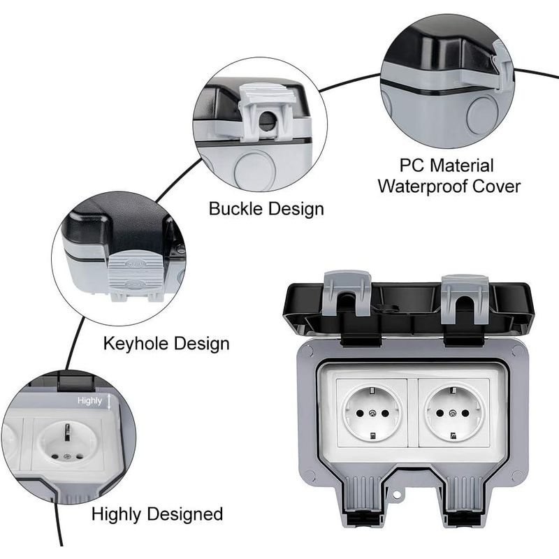 Casa si Gradina - Electrice - Prize - Priza dubla pentru exterior, montare la suprafata, rezistenta la intemperii si praf, Policarbonat, Gri/Alb - Infinity.ro