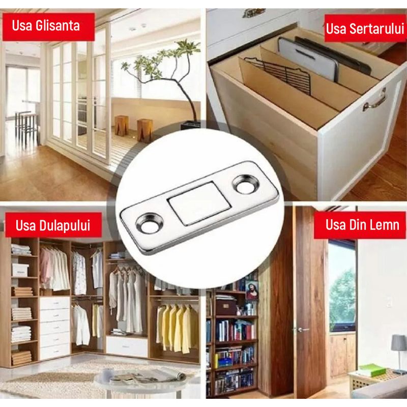 Casa si Gradina - Mobilier - Feronerie si accesorii mobila - Set de 8 inchizatoare magnetice, cu 32 suruburi, pentru usa, dulap, Argintiu - Infinity.ro