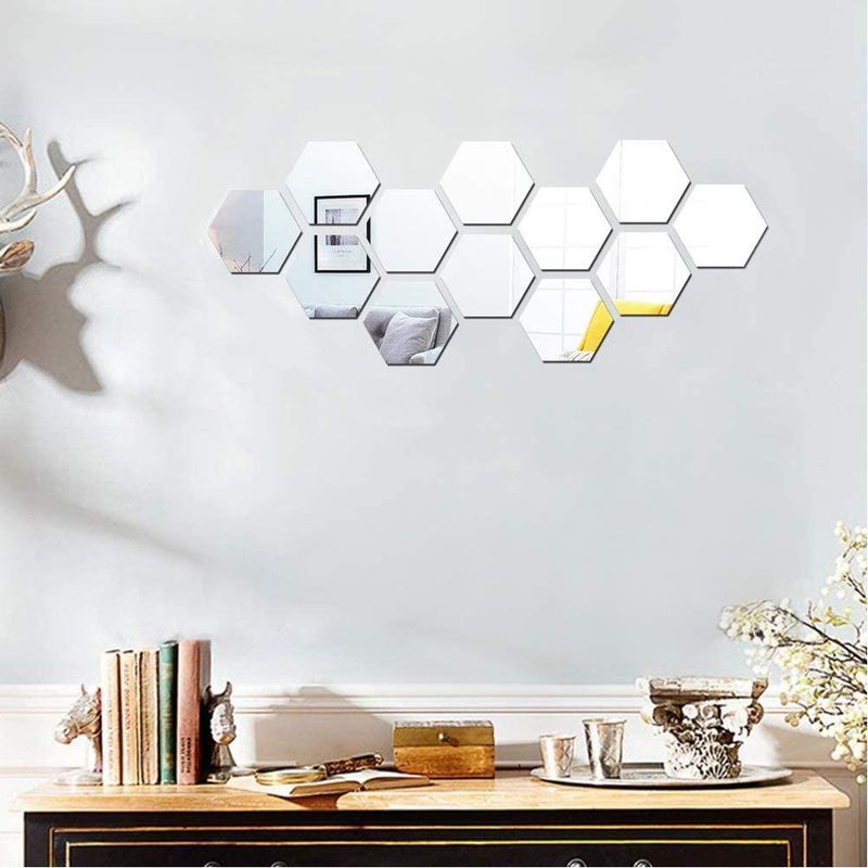 Casa si Gradina - Decoratiuni - Stickere decorative - Set 12 autocolante de perete tip oglinda design Hexagon 140 * 165 mm, Argintiu - Infinity.ro