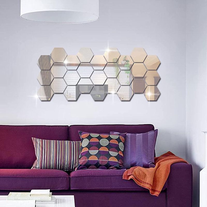 Casa si Gradina - Decoratiuni - Stickere decorative - Set 12 autocolante de perete tip oglinda design Hexagon 140 * 165 mm, Argintiu - Infinity.ro