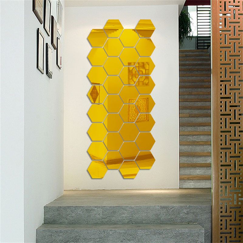 Casa si Gradina - Decoratiuni - Oglinzi - Set 12 stickere perete, Stil oglinda, Hexagon, 126x110x63 mm, Auriu - Infinity.ro