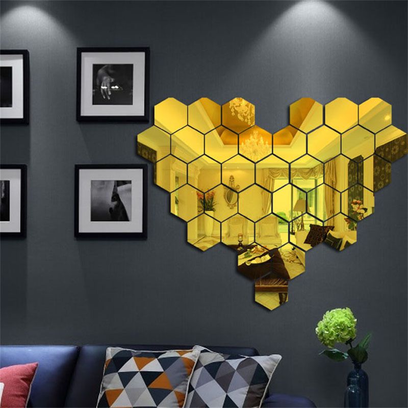 Casa si Gradina - Decoratiuni - Oglinzi - Set 12 stickere perete, Stil oglinda, Hexagon, 126x110x63 mm, Auriu - Infinity.ro