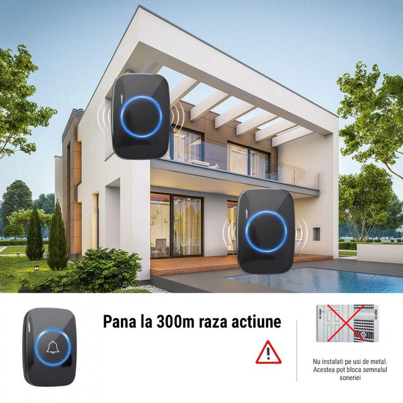 Casa si Gradina - Electrice - Accesorii electrice - Sonerii electrice - Sonerie Wireless, distanta 300m, 60 melodii, 5 nivele de volum - Infinity.ro