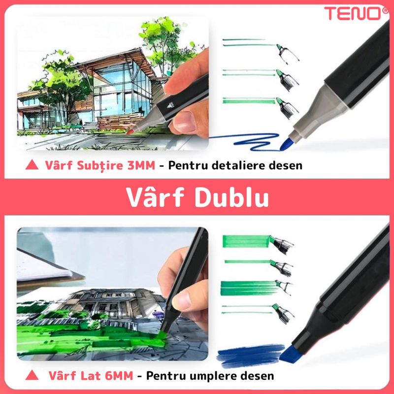 Carti si Birotica - Birotica - Instrumente de scris - Markere si carioci - Set 48 Markere, geanta de depozitare inclusa, 2 tipuri de varf, pe baza de alcool, culori intense, - Infinity.ro