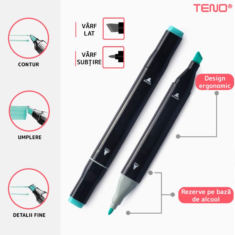 Carti si Birotica - Birotica - Instrumente de scris - Markere si carioci - Set 48 Markere, geanta de depozitare inclusa, 2 tipuri de varf, pe baza de alcool, culori intense, - Infinity.ro