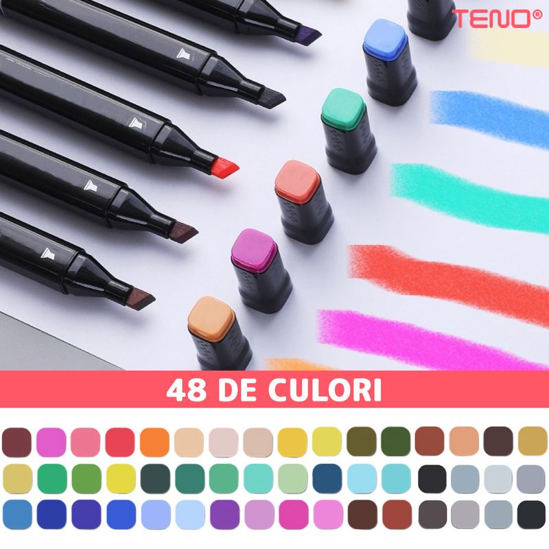 Carti si Birotica - Birotica - Instrumente de scris - Markere si carioci - Set 48 Markere, geanta de depozitare inclusa, 2 tipuri de varf, pe baza de alcool, culori intense, - Infinity.ro