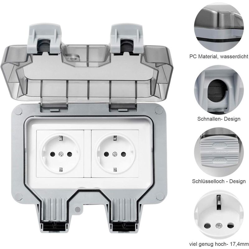 Casa si Gradina - Electrice - Prize - Priza dubla exterior, cu capac de protectie, pentru gradina/piscina/baie, IP66, Gri - Infinity.ro