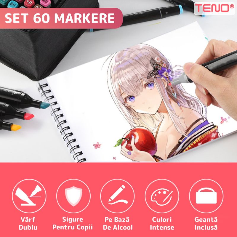 Carti si Birotica - Birotica - Instrumente de scris - Markere si carioci - Set 60 Markere Teno, geanta de depozitare inclusa, 2 tipuri de varf, pe baza de alcool, culori intense, - Infinity.ro