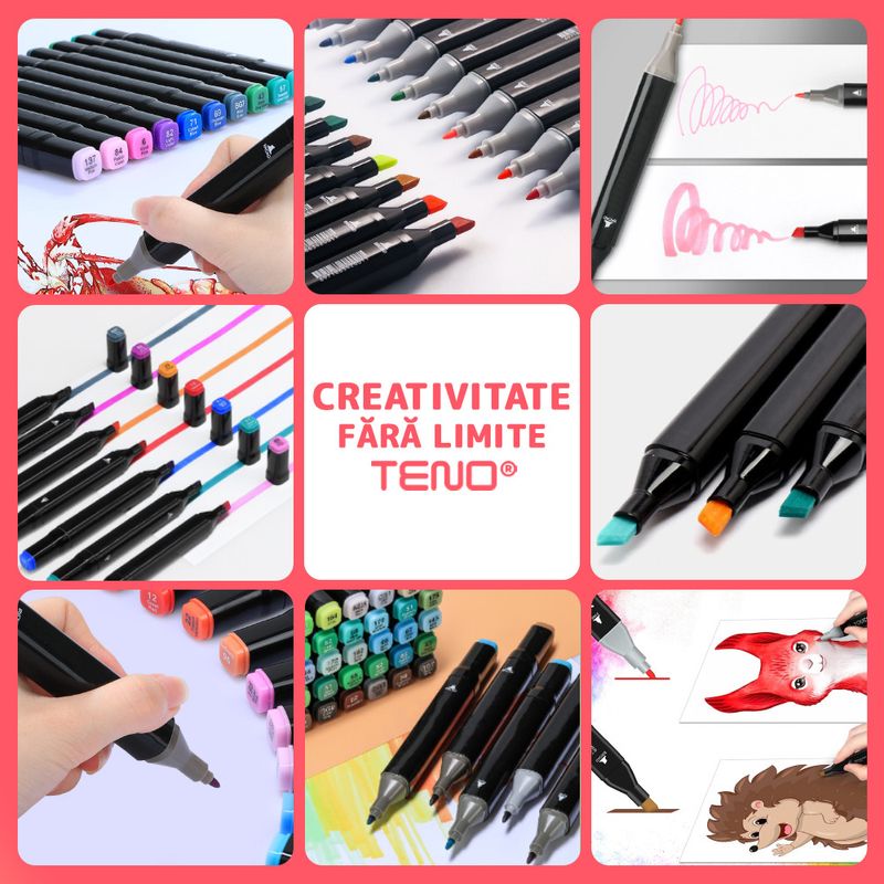 Carti si Birotica - Birotica - Instrumente de scris - Markere si carioci - Set 60 Markere Teno, geanta de depozitare inclusa, 2 tipuri de varf, pe baza de alcool, culori intense, - Infinity.ro