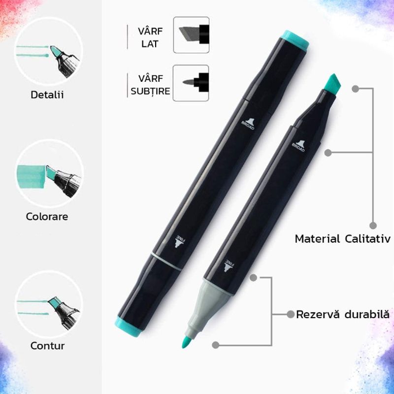 Carti si Birotica - Birotica - Instrumente de scris - Markere si carioci - Set 48Markere Eliandeco , Cu 2 Varfuri Intens Colorate, Geanta De Depozitare Inclusa, Pentru Toate Tipurile - Infinity.ro