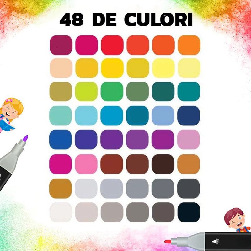 Carti si Birotica - Birotica - Instrumente de scris - Markere si carioci - Set 48Markere Eliandeco , Cu 2 Varfuri Intens Colorate, Geanta De Depozitare Inclusa, Pentru Toate Tipurile - Infinity.ro