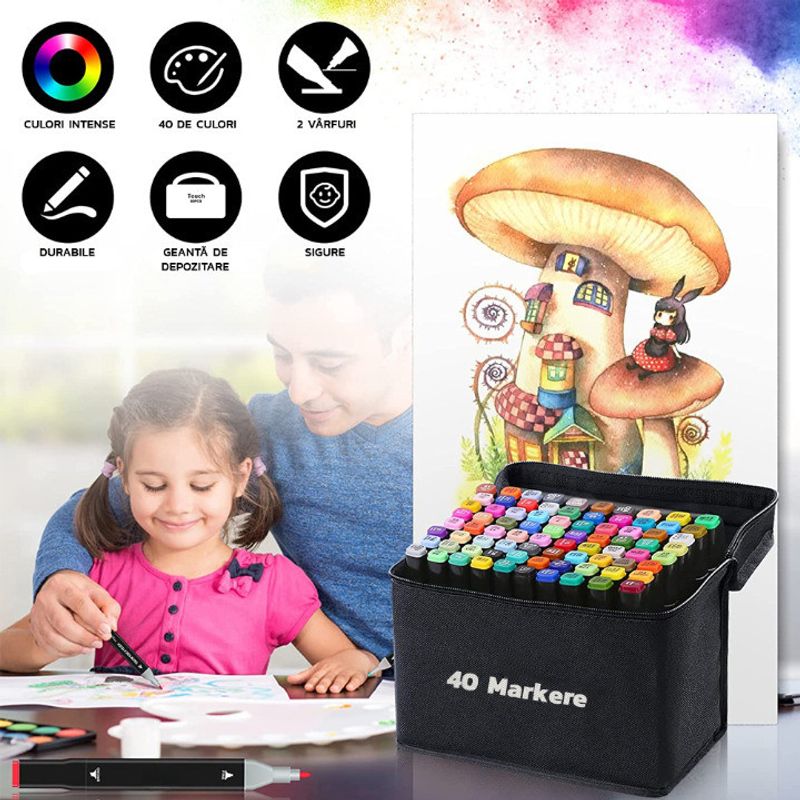 Carti si Birotica - Birotica - Instrumente de scris - Markere si carioci - Set 40 Markere Permanente, HYT , Cu Doua Varfuri si Geanta De Depozitare Inclusa, Multicolor - Infinity.ro