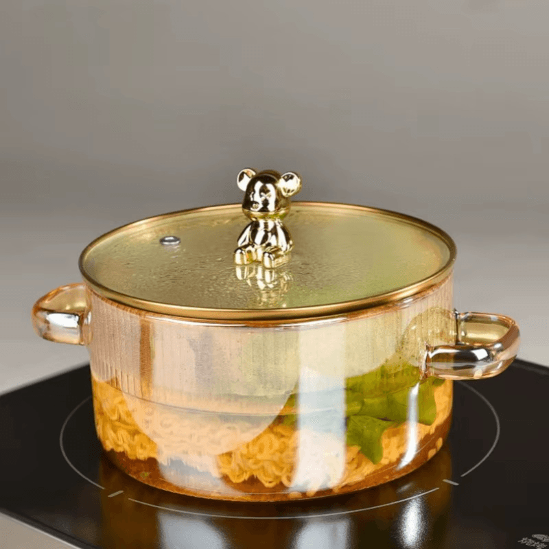 Casa si Gradina - Bucatarie si vesela - Vase pentru gatit - Oale si cratite - Oala din sticla termorezistenta, pentru plita pe gaz si electrica, capacitate 1,6L culoare manere Gold  ABYZ™ - Infinity.ro