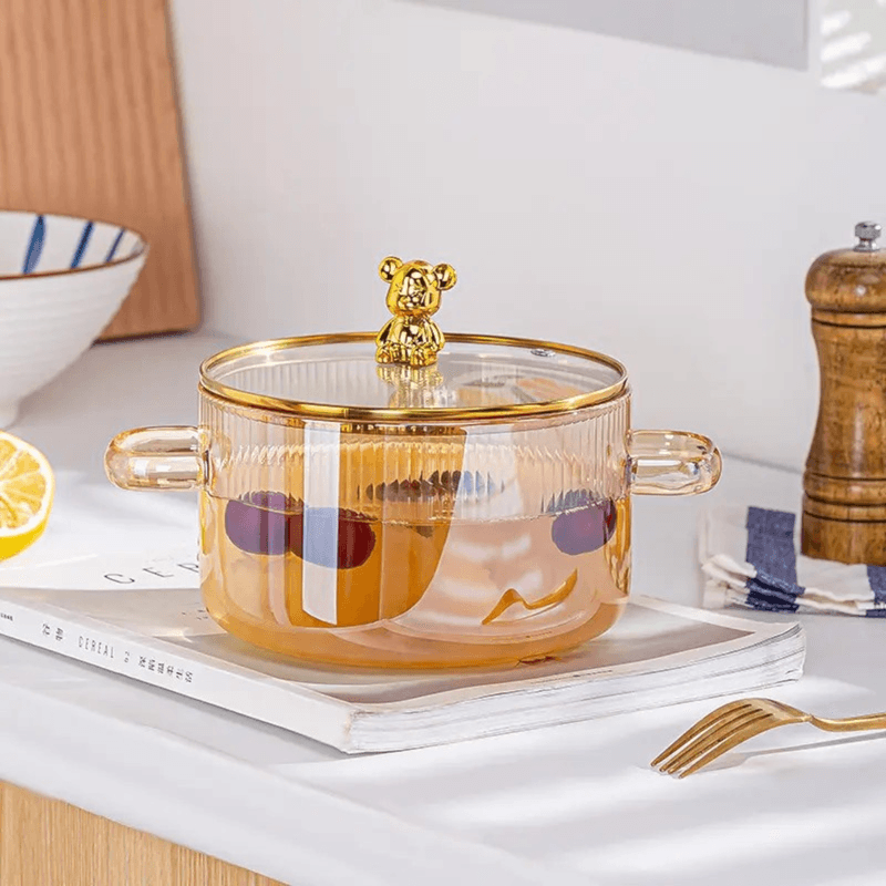 Casa si Gradina - Bucatarie si vesela - Vase pentru gatit - Oale si cratite - Oala din sticla termorezistenta, pentru plita pe gaz si electrica, capacitate 1,6L culoare manere Gold  ABYZ™ - Infinity.ro