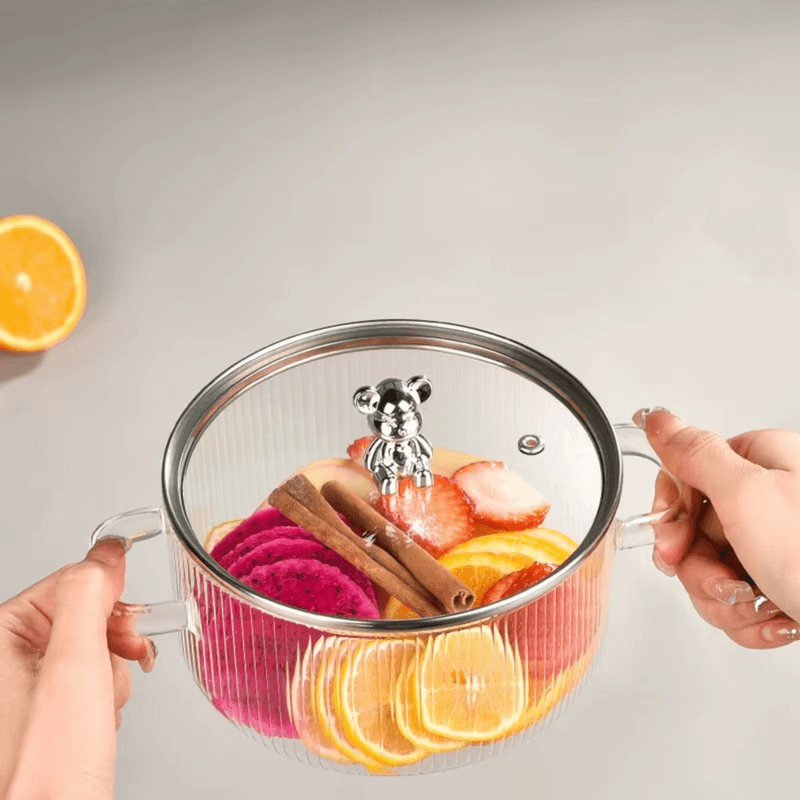 Casa si Gradina - Bucatarie si vesela - Vase pentru gatit - Oale si cratite - Oala din sticla termorezistenta, pentru plita pe gaz si electrica, capacitate 1,6L culoare manere Transparent  ABYZ - Infinity.ro
