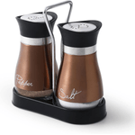 Casa si Gradina - Bucatarie si vesela - Ustensile bucatarie - Rasnite si dozatoare condimente - Set 2 Solnite Sare si Piper cu Suport Elegant din Inox, Culoare Maro ABYZ accesorii Practice si Moderne pentru Bucatarie - Infinity.ro