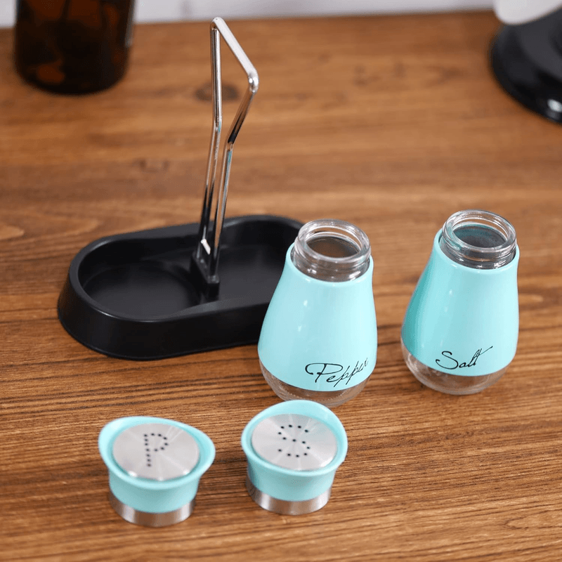 Casa si Gradina - Bucatarie si vesela - Ustensile bucatarie - Rasnite si dozatoare condimente - Set 2 Solnite Sare si Piper cu Suport Elegant din Inox, Albastru ABYZ™, accesorii Practice si Moderne pentru Bucatarie - Infinity.ro