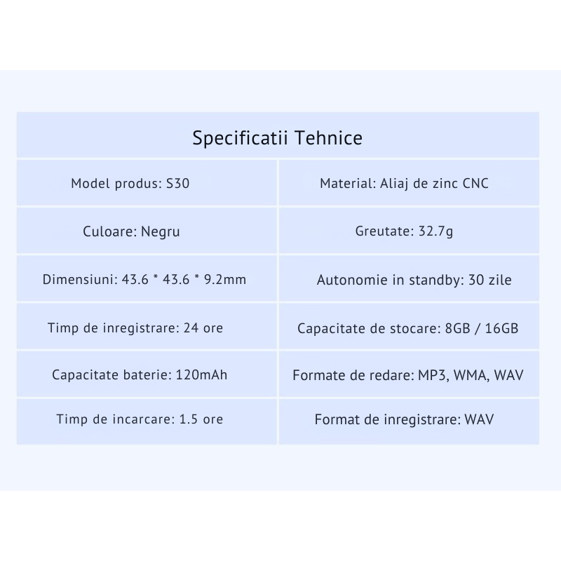 Laptop, Telefoane si Tablete - Wearables si gadgeturi - Gadgeturi - Dispozitive spionaj - Reportofon Spion S30 CLC SmartGear 16GB, breloc discret, activare vocala, HD, DSP, MP3, 200H, USB/OTG, autonomie lunga - Infinity.ro
