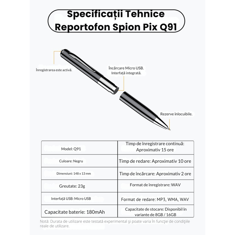 Laptop, Telefoane si Tablete - Wearables si gadgeturi - Gadgeturi - Dispozitive spionaj - Reportofon Spion Pix Q91 CLC SmartGear 16GB, activare vocala, 192H, MP3, USB, 15H, antifon, ideal sedinte/cursuri - Infinity.ro