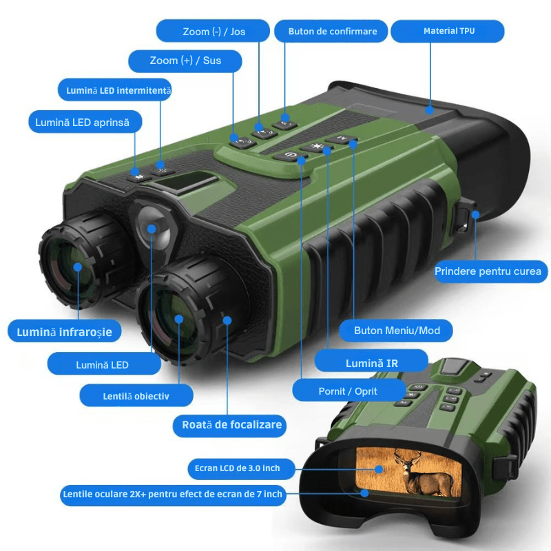 TV, Audio-Video si Foto - Optica, astronomie si metrologie - Optica si astronomie - Binocluri & lunete - Binoclu Digital CLC SmartGear Verde, Night Vision, 15MP, 2.5K, Zoom 4X+8X, LCD 3", IR 7 trepte, 128GB, 5200mAh, USB-C - Infinity.ro