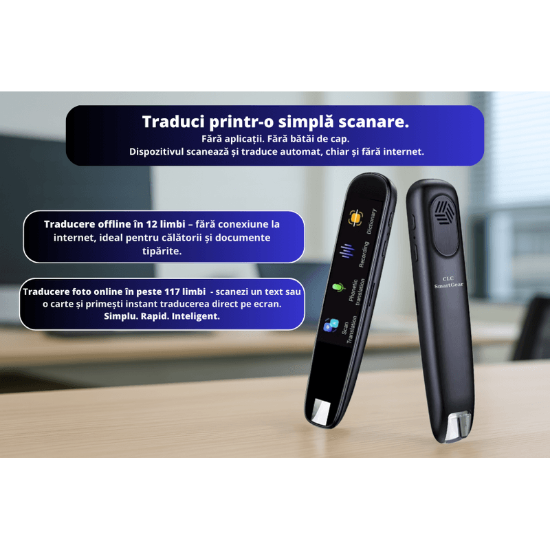 Laptop, Telefoane si Tablete - Wearables si gadgeturi - Gadgeturi - Accesorii SMART - Traducator CLC SmartGear 2in1: vocal/text, 112 limbi, ecran touch, WiFi, BT, offline, OCR, MP3, reportofon, calatorii - Infinity.ro
