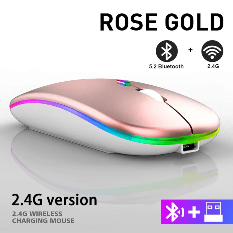PC, gaming si accesorii - Periferice PC - Mouse - Mouse Wireless cu Incarcare USB RGB Mouse ergonomic silentios pentru laptop Bluetooth 5 si 2.4GHZ DPI Reglabil Auriu - Infinity.ro