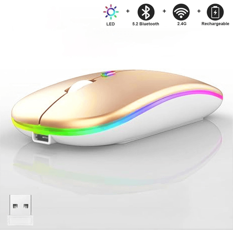 PC, gaming si accesorii - Periferice PC - Mouse - Mouse Wireless cu Incarcare USB RGB Mouse ergonomic silentios pentru laptop Bluetooth 5 si 2.4GHZ DPI Reglabil Auriu - Infinity.ro
