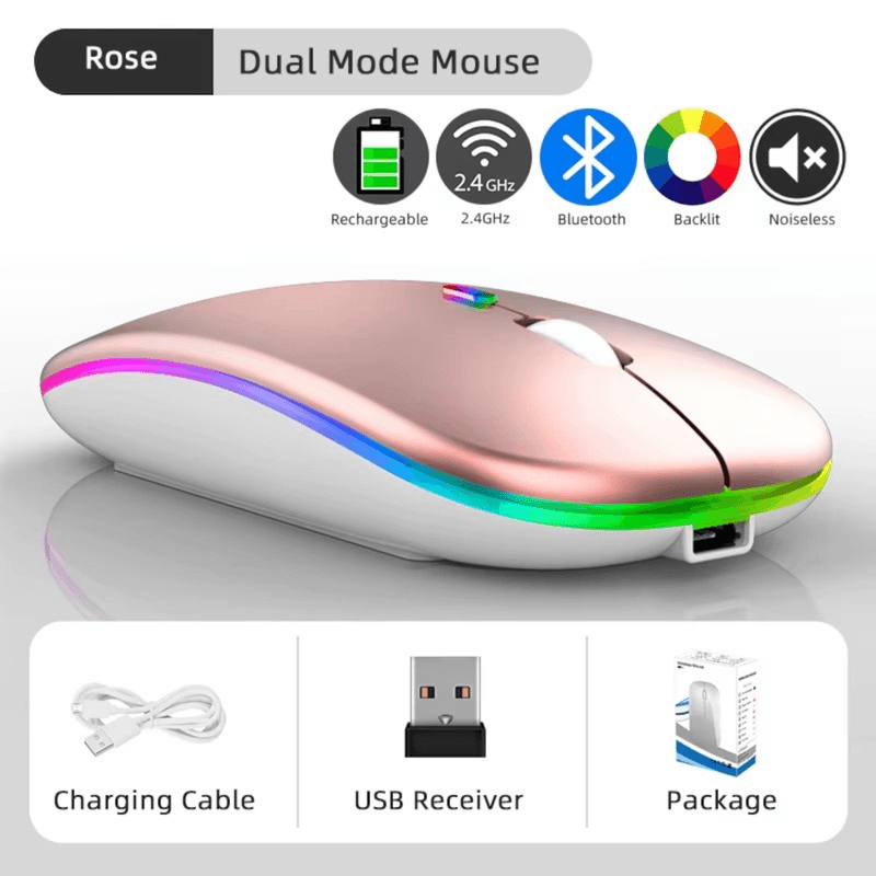 PC, gaming si accesorii - Periferice PC - Mouse - Mouse Wireless cu Incarcare USB RGB Mouse ergonomic silentios pentru laptop Bluetooth 5 si 2.4GHZ DPI Reglabil Roz ABYZ - Infinity.ro
